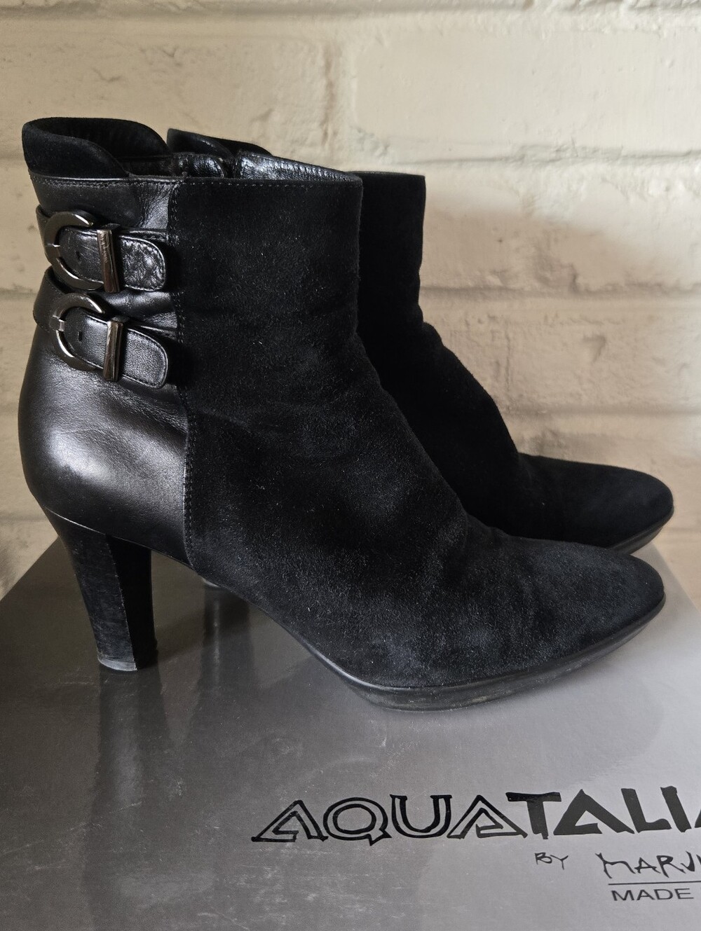 Aquatalia Weatherproof Black Suede Ankle Boots, Stiletto, 7.5
